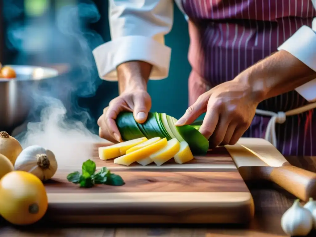 Un chef corta ollucos con destreza en tabla de madera, destacando la belleza y versatilidad culinaria del olluco