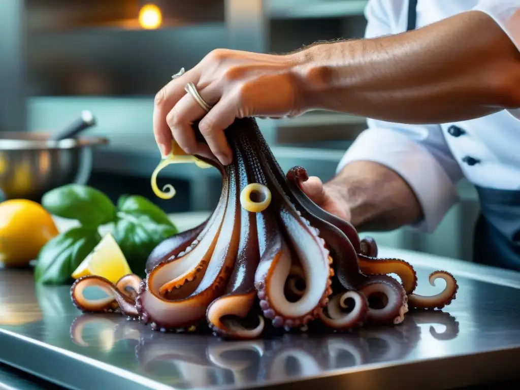 Maestría culinaria: Chef cortando tentáculo de pulpo con precisión Un chef corta con maestría un tentáculo de pulpo, mostrando su textura y frescura para preparar Pulpo al Olivo receta fácil