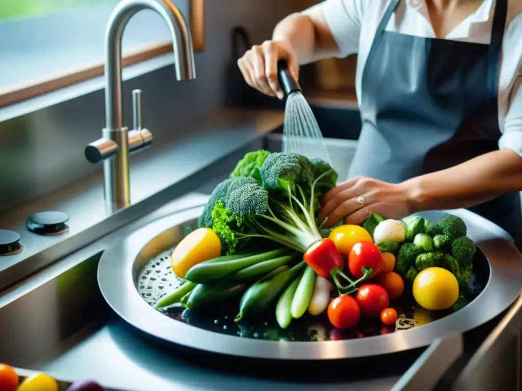 Un chef lava con cuidado coloridas verduras en un fregadero de cocina, destacando la Importancia del agua en gastronomía