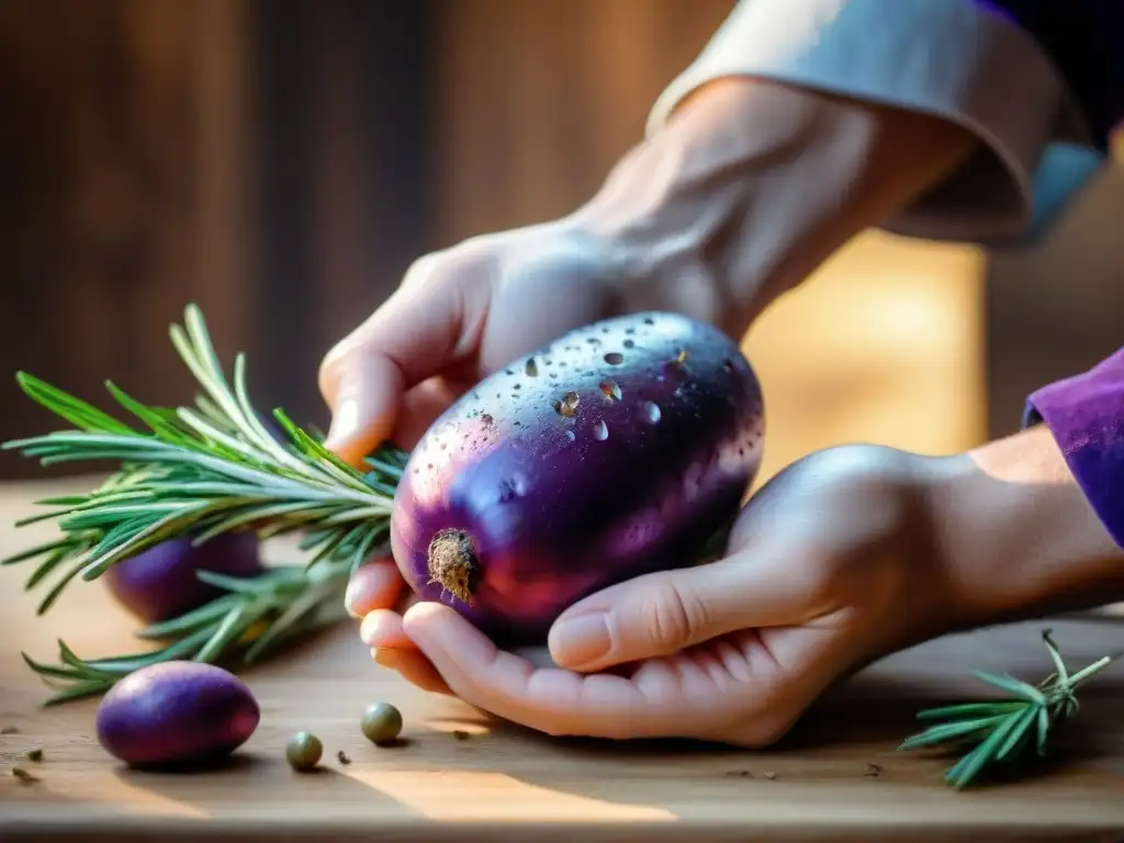 Un chef desprende con cuidado la piel de una patata Sango púrpura, revelando su interior blanco cremoso, destacando las texturas y colores