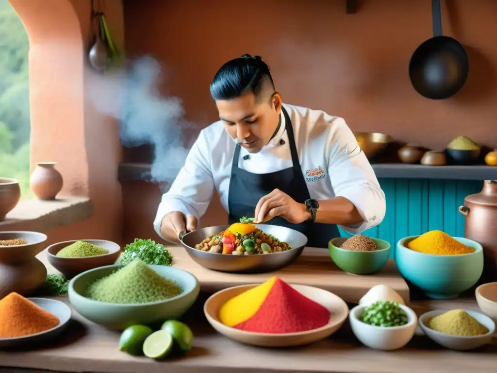 El chef cusqueño prepara un plato colorido en cocina rústica, fusionando gastronomía tradicional cusqueña con técnicas modernas