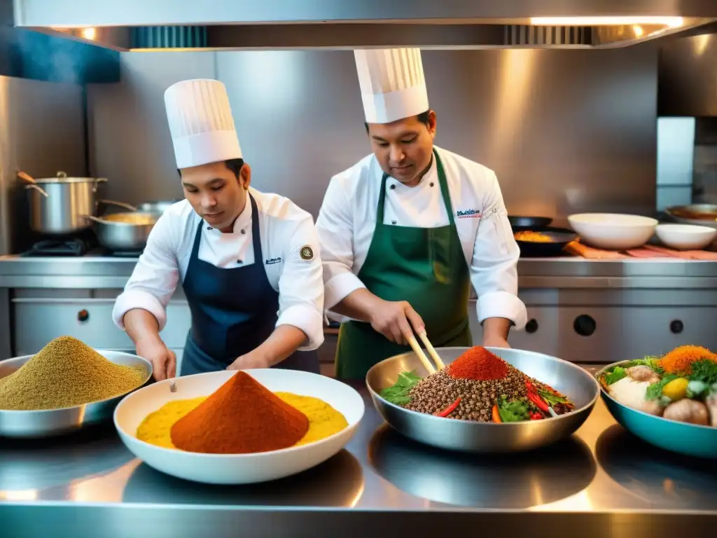 Un chef sazona delicadamente un cuy asado en una cocina tradicional peruana, reflejando la rica tradición culinaria