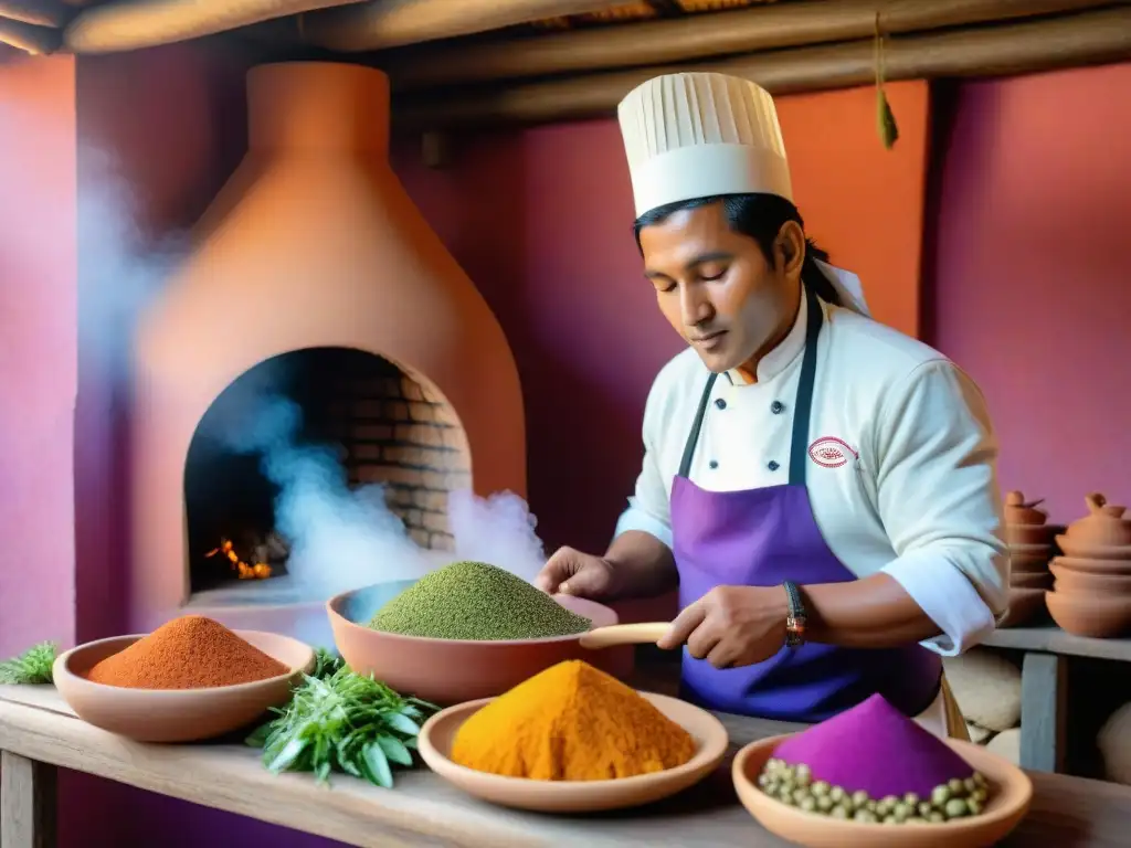 Un chef prepara cuy en horno de barro en cocina peruana tradicional, resaltando la historia gastronomía cuy Perú