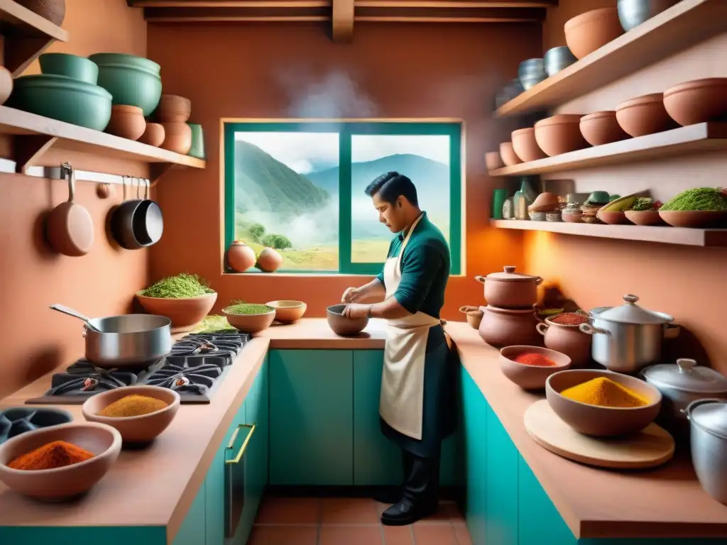 Un chef dedicado preparando platos de cocina regional peruana tradicional en una cocina activa y colorida