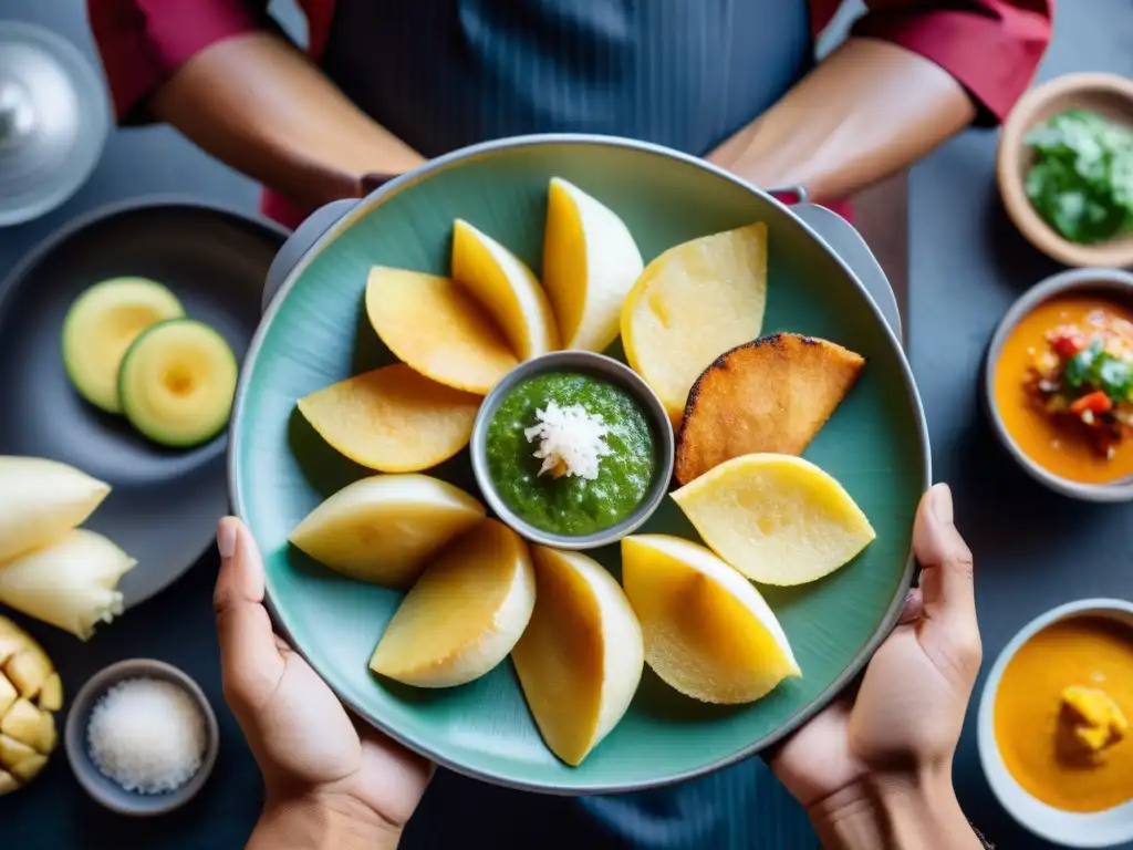 Un chef sostiene con delicadeza un plato de yucas fritas peruana doradas y crujientes, acompañadas de salsas tradicionales