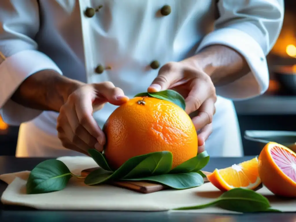 Un chef pelando con delicadeza un zapallo loche naranja, resaltando sus beneficios en cocina tradicional y contemporánea