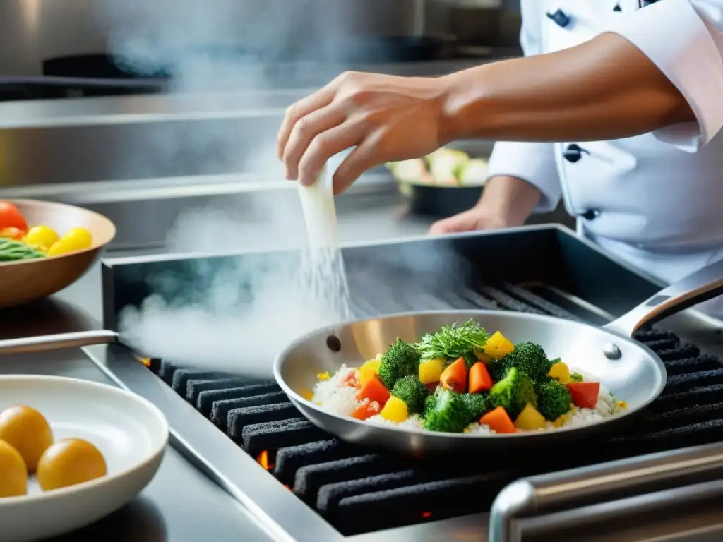 Chef preparando una deliciosa receta en una cocina moderna, añadiendo Hierba Luisa fresca a las verduras