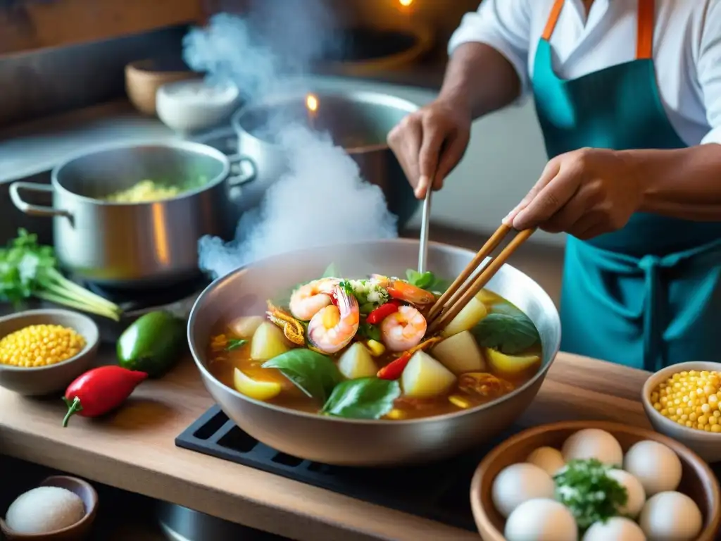 Un chef prepara un delicioso Chupe de Camarones en una cocina tradicional