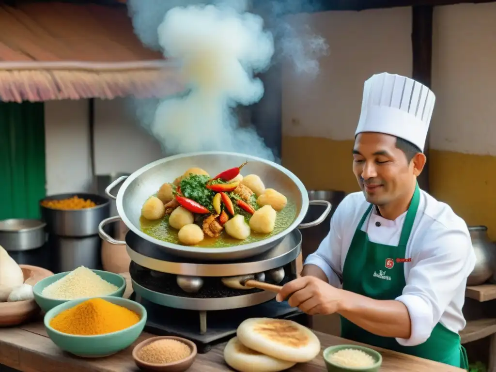 Un chef prepara un delicioso Chupe de Camarones en una cocina tradicional peruana