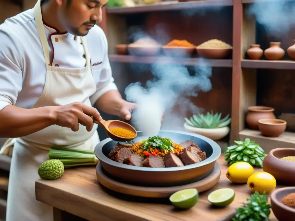 Un chef prepara con destreza Adobo Arequipeño en una cocina peruana tradicional, con ingredientes frescos y coloridos