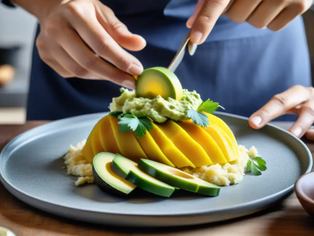 El chef prepara con destreza una auténtica causa limeña en cocina rústica