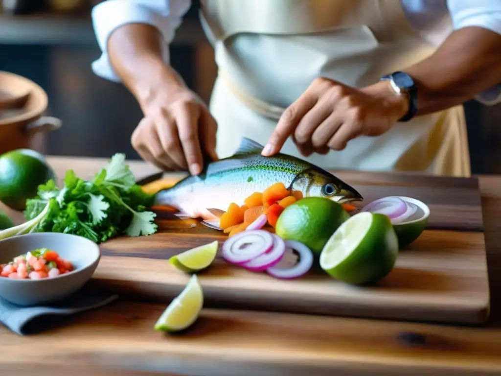 Un chef preparando con destreza un auténtico ceviche de trucha andina en una cocina rústica