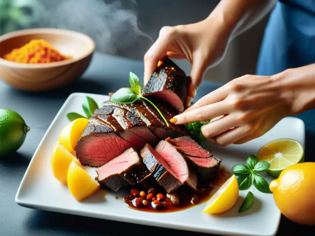 Un chef marina con destreza la carne para Lomo Saltado, destacando técnicas lomo saltado fuego alto