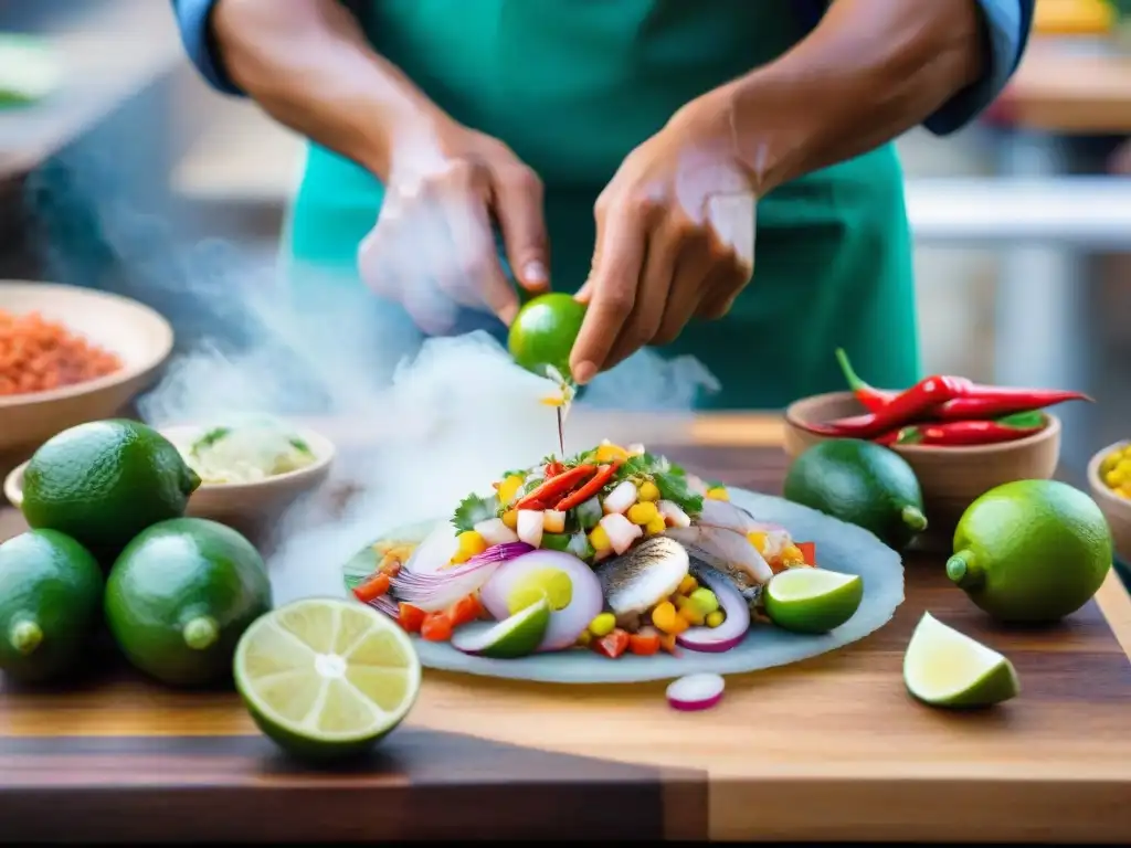 Un chef prepara con destreza ceviche peruano en un mercado de Lima