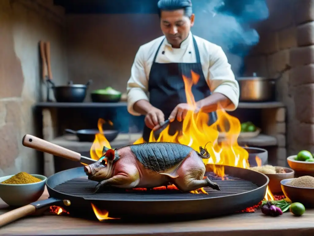 Preparación detallada de Chancho al Palo: tradición culinaria peruana Un chef sazona con destreza un chancho al palo en cocina tradicional peruana