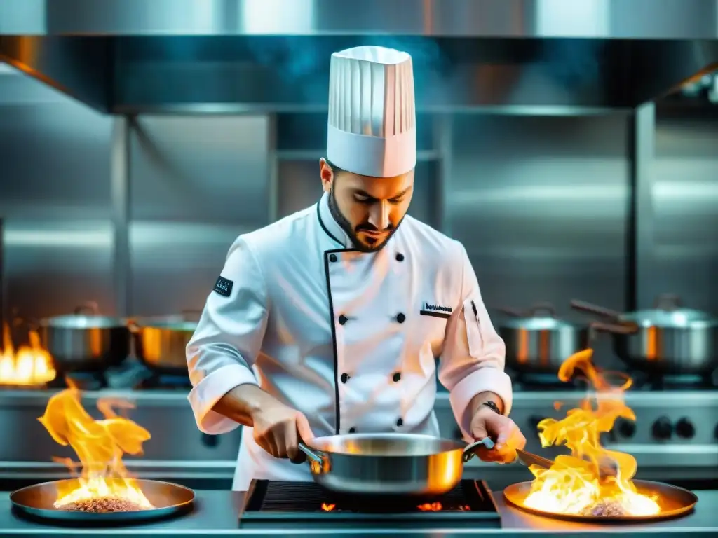 Chef flambeando con destreza en cocina profesional, expresión concentrada y llamas vibrantes, fusiones culinarias