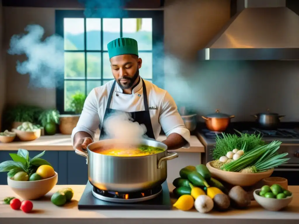 Un chef prepara con destreza la Sopa Timbuche en una cocina tradicional