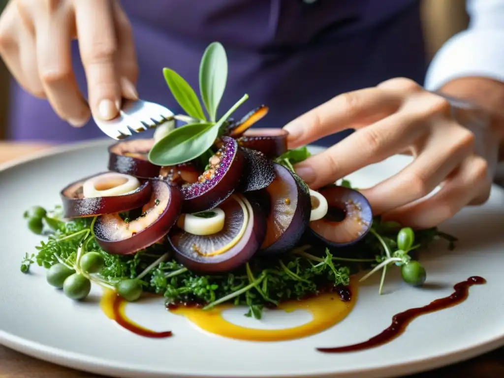 Pulpo al Olivo: Delicadeza en la Presentación Un chef coloca con destreza finas rodajas de pulpo morado sobre tapenade de aceitunas