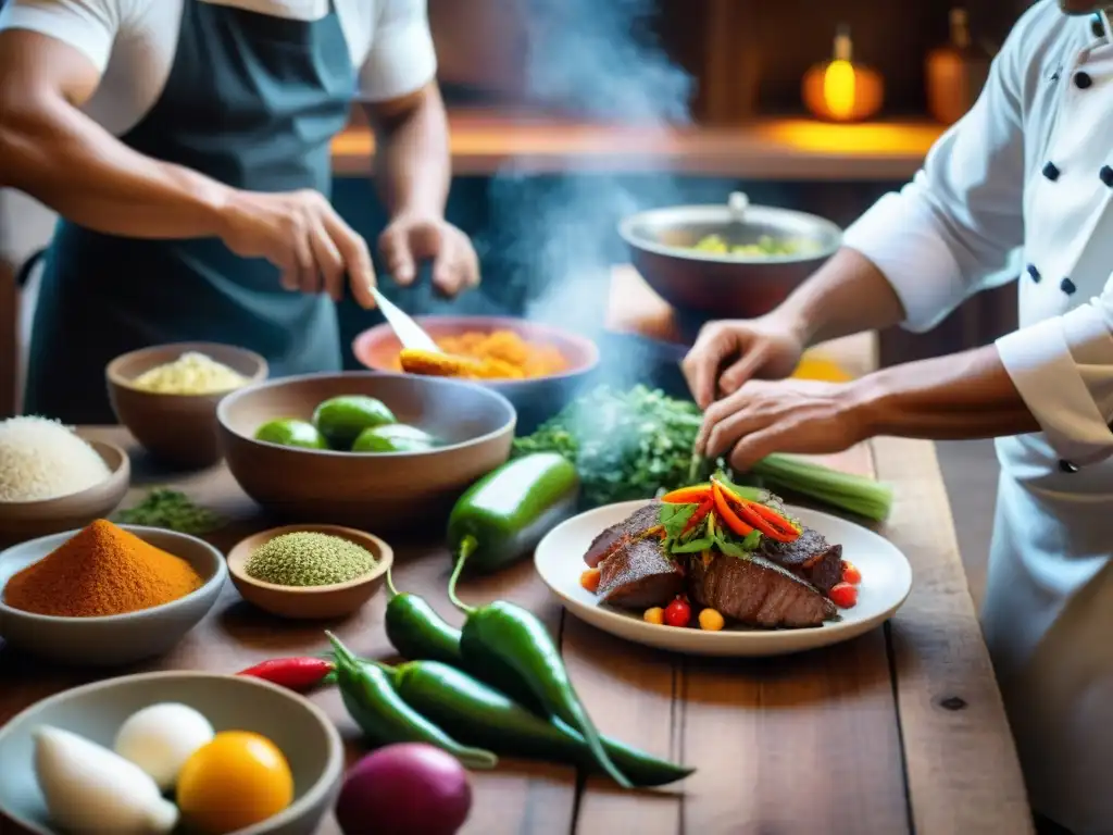 Un chef prepara con destreza Picante de Cuy en una cocina tradicional peruana