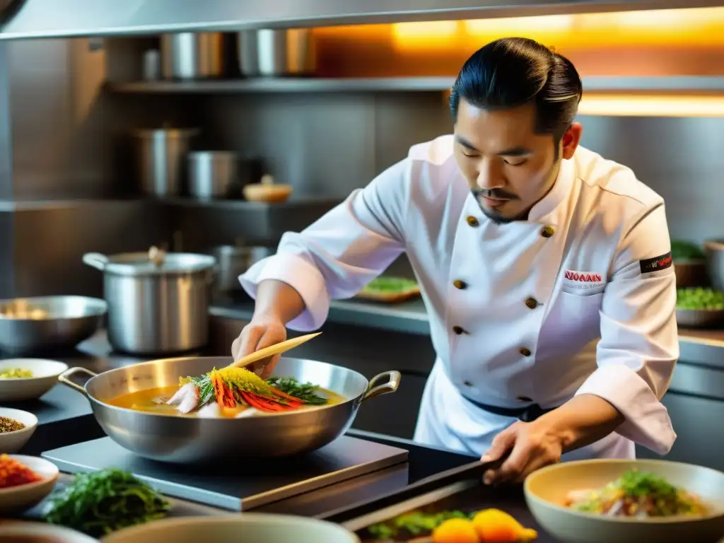 Un chef peruano-japonés prepara con destreza un plato Nikkei en una bulliciosa cocina