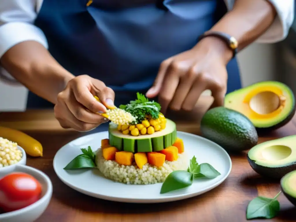 Un chef prepara con destreza un plato peruano vegetariano en una cocina moderna