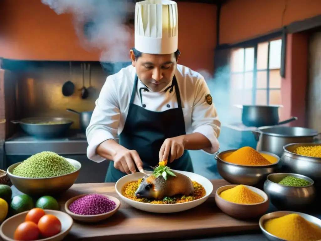 Un chef preparando con destreza un plato tradicional peruano Cuy Chactado en una cocina tradicional, resaltando colores y técnicas culinarias