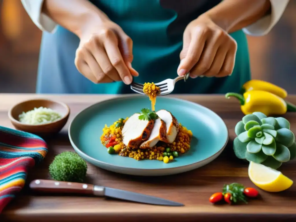 Un chef desmenuzando con destreza pechuga de pollo para la receta tradicional ají de gallina, entre textiles peruanos coloridos y utensilios de cocina