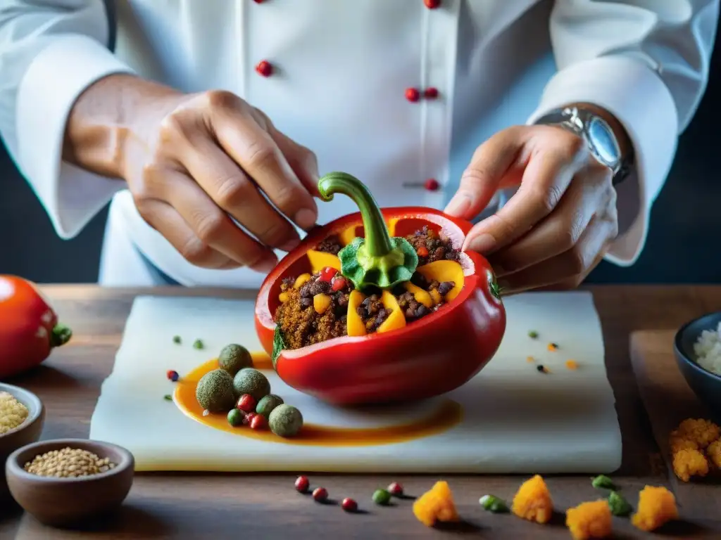 Un chef rellena con destreza un rocoto rojo, mostrando la elaborada receta rocoto relleno picante