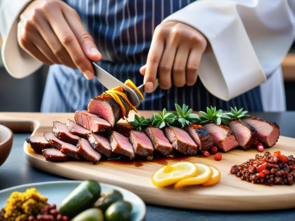 El chef ensarta con destreza trozos jugosos de carne marinada en palitos de anticucho