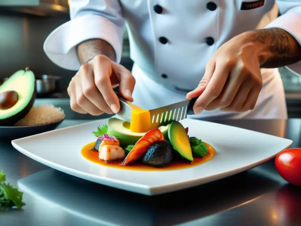 Un chef preparando con detalle una fusión gastronómica peruano-japonesa innovadora en una cocina moderna y elegante