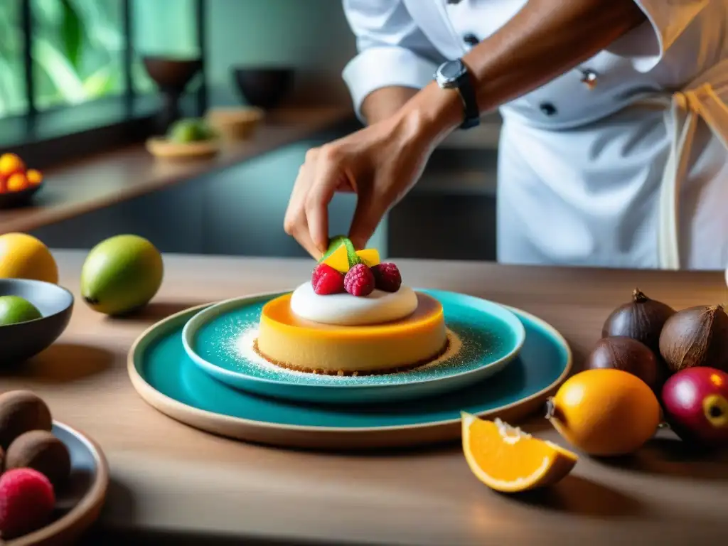 Un chef prepara con detalle un postre de Cocona Amazónica en una cocina profesional