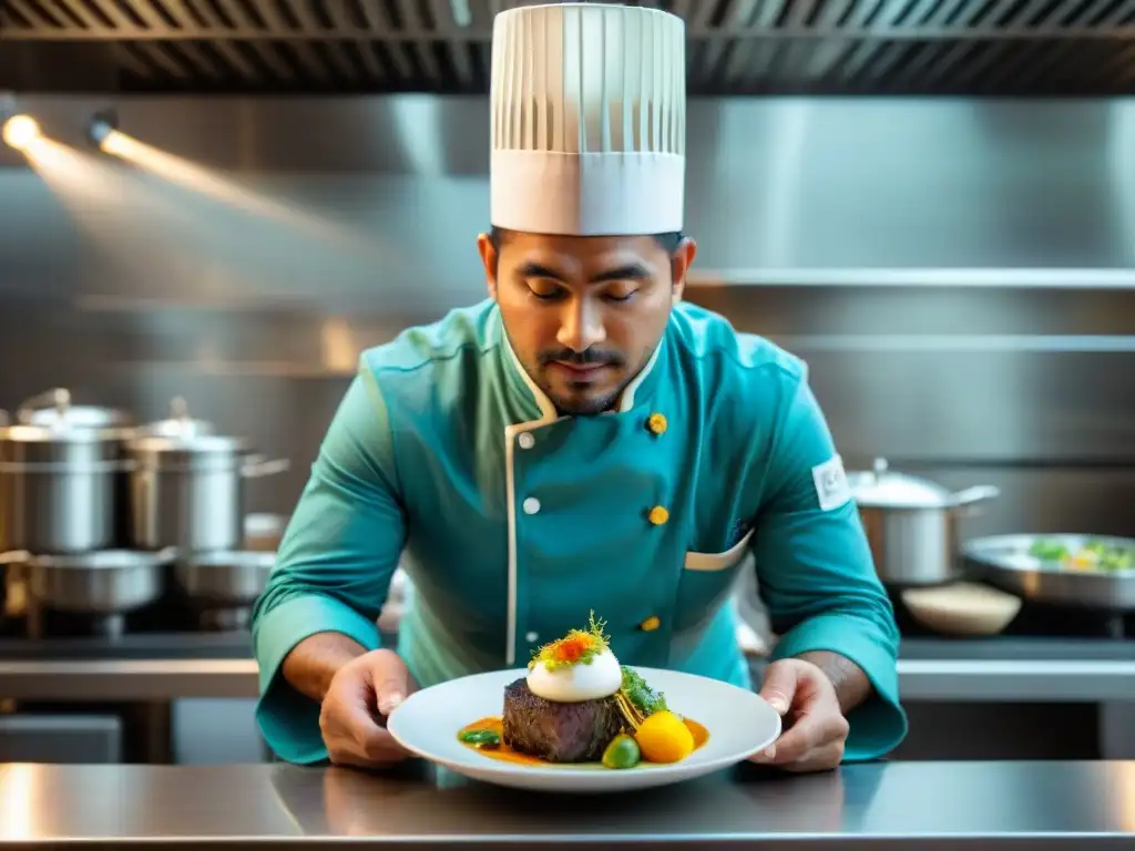 Chef Jaime Pesaque creando plato peruano innovador Chef Jaime Pesaque en su elemento, creando un plato innovador en su restaurante, fusionando tradición y cocina de vanguardia peruana
