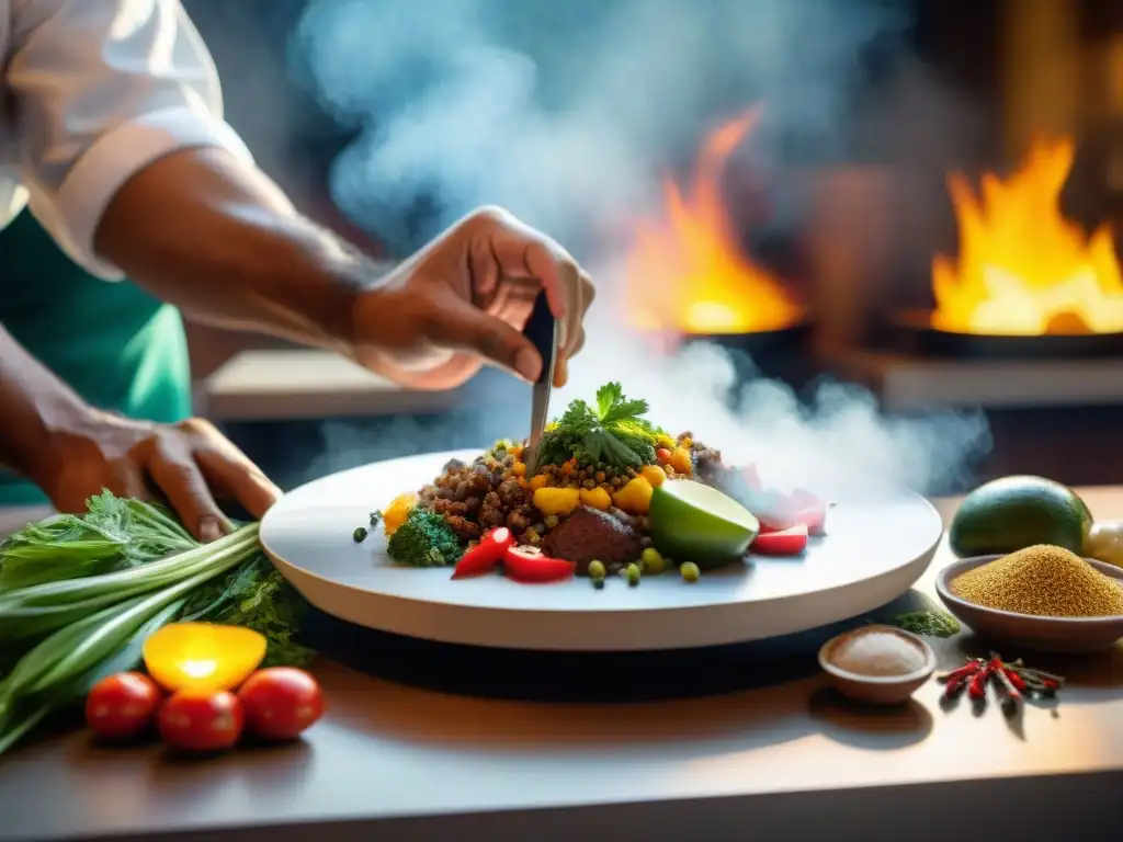 Un chef enérgico prepara una receta peruana en un teatro gastronómico en Perú