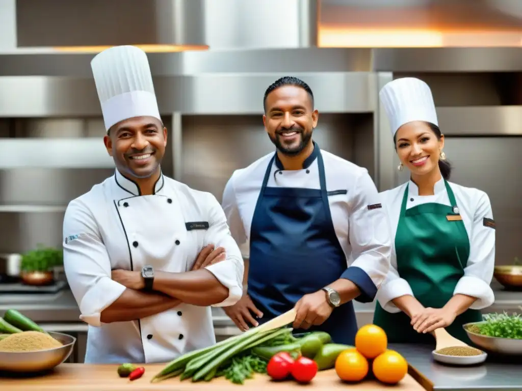 Chef enfocados en la fusión afroperuana en cocina moderna, rodeados de ingredientes y utensilios, creando un ambiente vibrante y dinámico