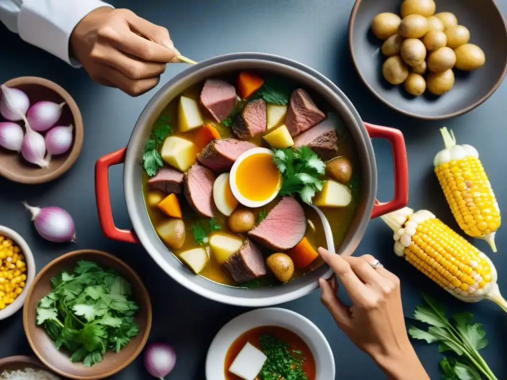 Un chef preparando con esmero un caldo de cabeza peruano