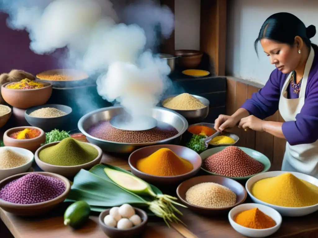 Un chef prepara con esmero un Cuy Chactado en una cocina peruana tradicional, repleta de ingredientes vibrantes