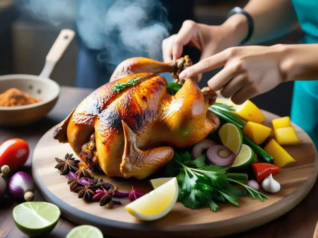 Un chef masajea con esmero las especias en el Pollo a la Brasa, resaltando la autenticidad de la receta pollo a la brasa peruano