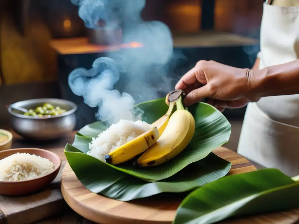 Un chef hábil prepara con esmero un juane peruano tradicional en una cocina rústica