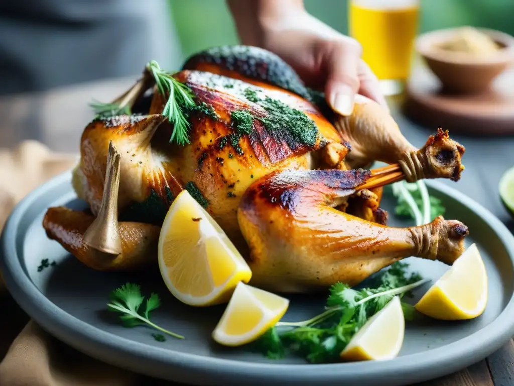 Un chef sazona con esmero un pollo con marinada de especias peruanas, resaltando colores y texturas