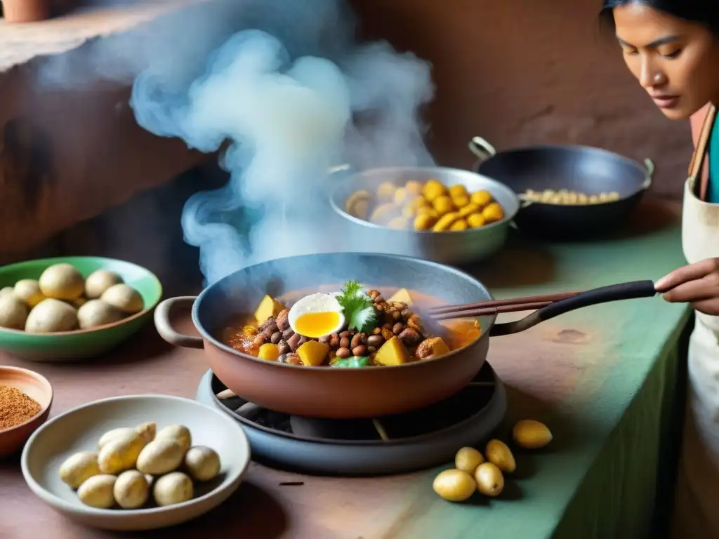 Un chef prepara con esmero una receta tradicional carapulcra peruana en una cocina rústica llena de ingredientes vibrantes