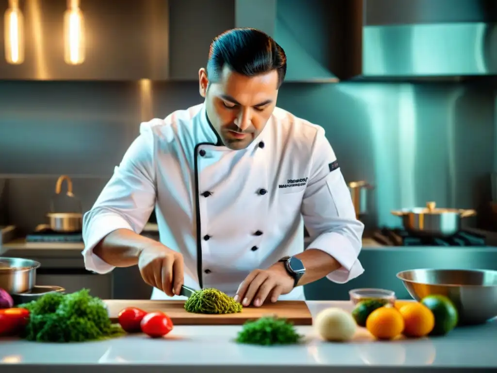 Chef Jaime Pesaque: Cocina de Vanguardia Peruana Chef Jaime Pesaque prepara con precisión y estilo un plato de cocina de vanguardia peruana en una cocina contemporánea