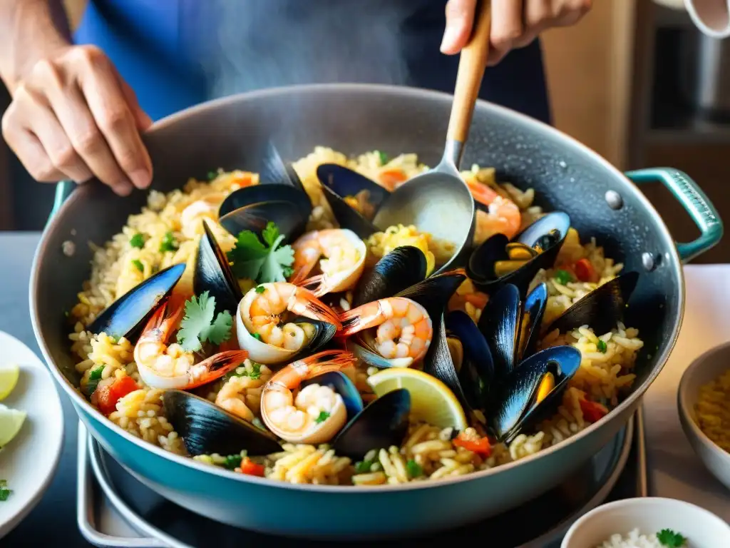 Un chef experimentado removiendo Arroz con Mariscos receta tradicional en una cocina tradicional