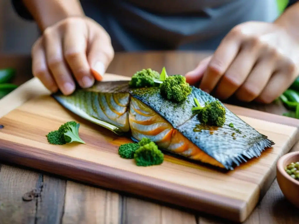 Un chef experimentado sazona un pescado Ayampaco recién capturado con hierbas y especias, mostrando su técnica única