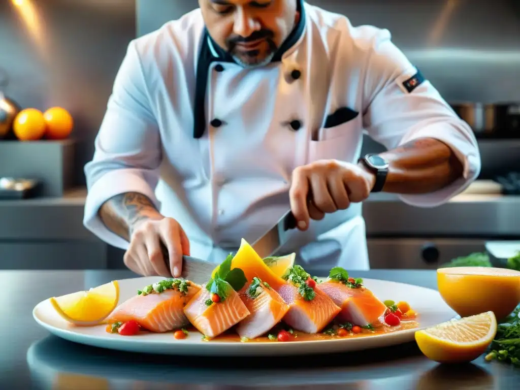 Un chef experimentado preparando tiradito en una bulliciosa cocina