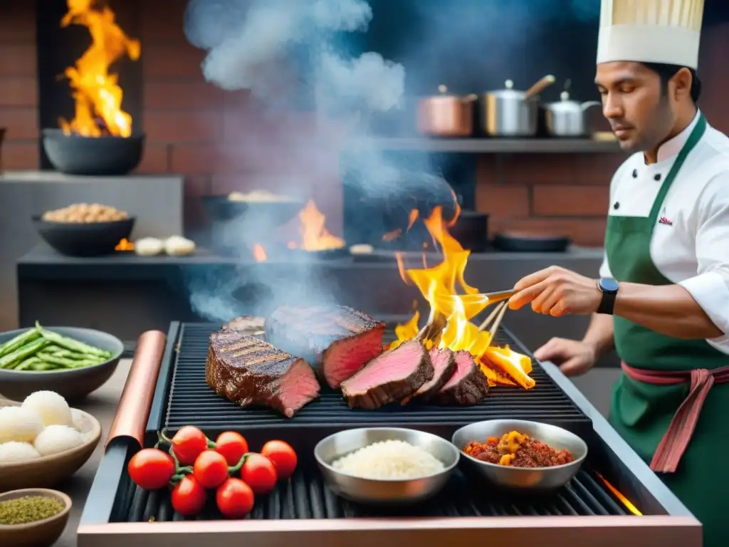 Un chef experimentado dorando tiras de carne marinada sobre fuego alto, mostrando técnicas lomo saltado en una cocina tradicional peruana