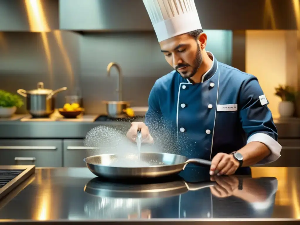 Un chef experto vierte agua en una sartén brillante, reflejando la esencia de la 'Importancia del agua en gastronomía'