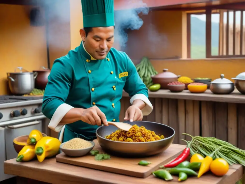 Un chef experto prepara un Ají de Gallina en una cocina tradicional peruana