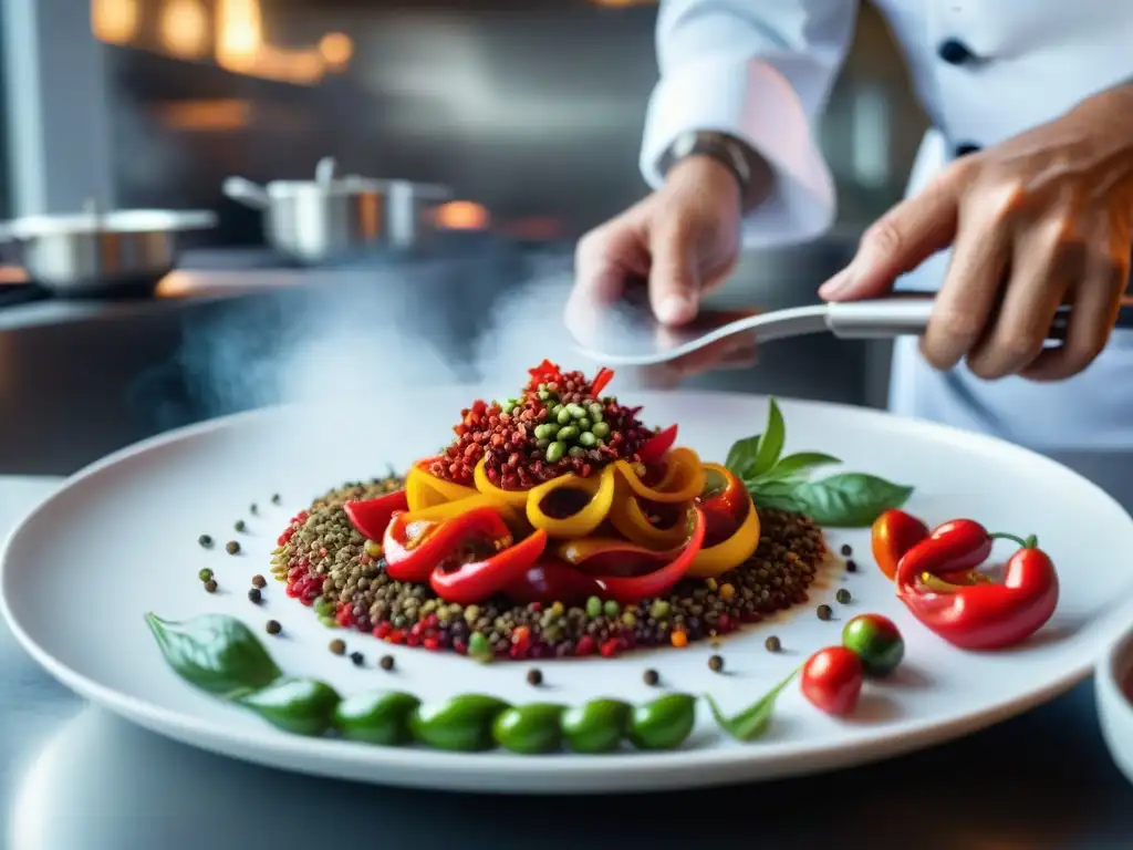 Un chef experto incorpora ají rojo en un plato de fusión, resaltando la importancia del ají en fusiones culinarias