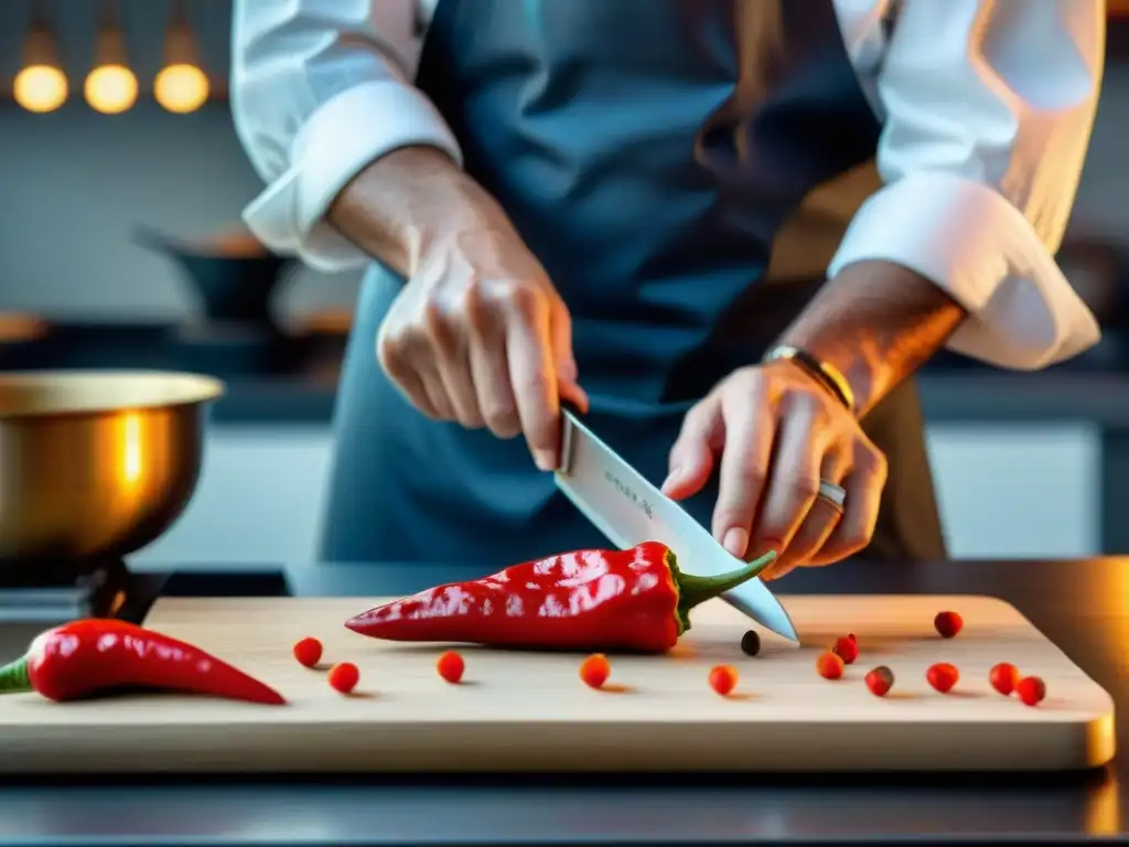 Un chef experto cortando un ají rojo con precisión en una cocina moderna, destacando los beneficios del ají en cocina