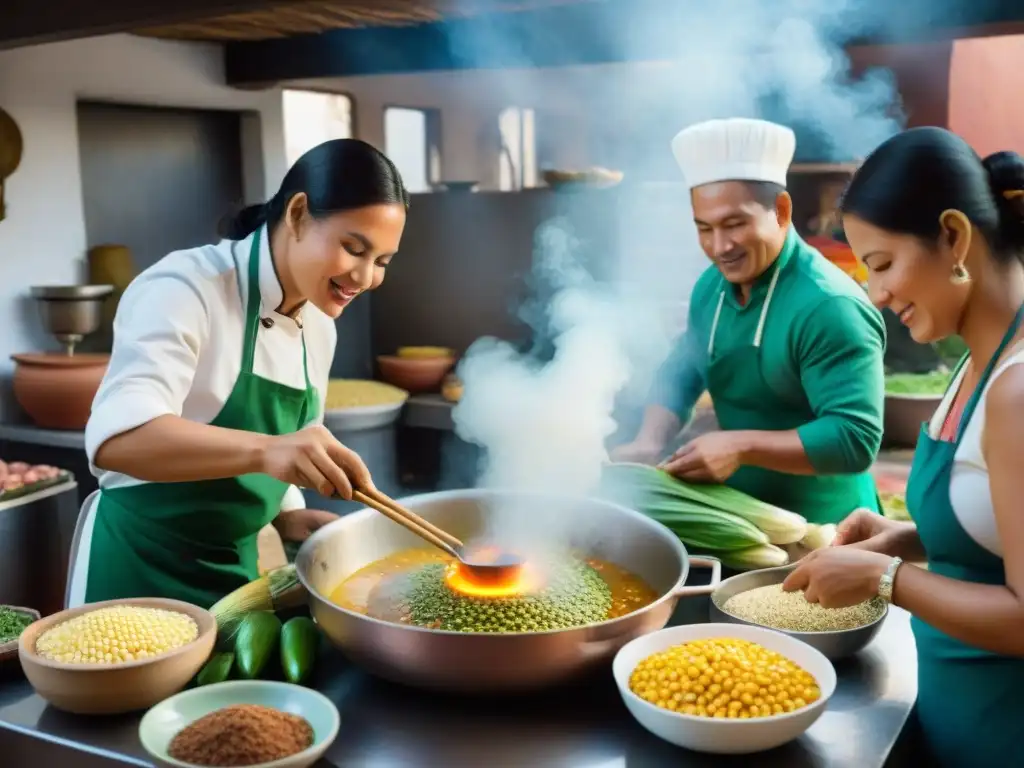 Un chef experto preparando un Ajiaco de Olluco en una bulliciosa cocina peruana, resaltando los beneficios nutricionales del ajiaco